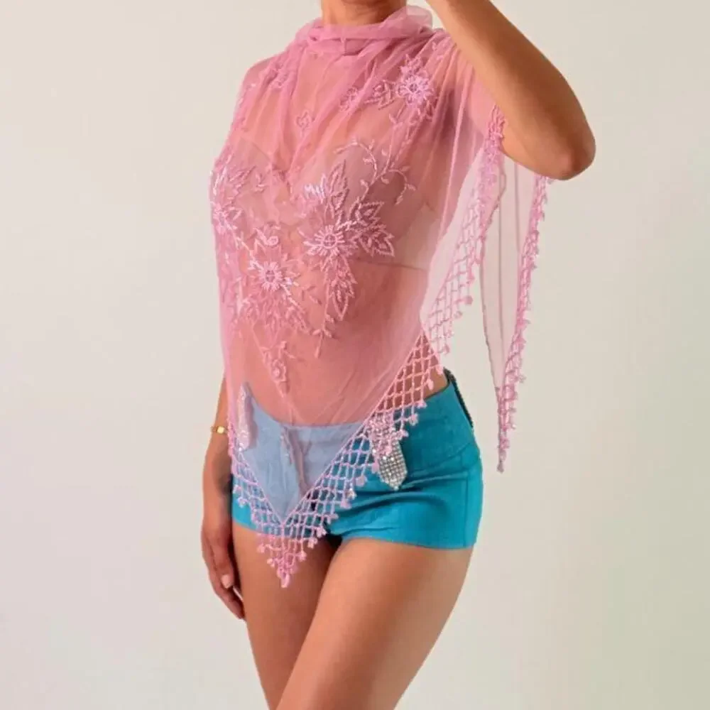 Pink Beaded Mesh Shawl/ Cover Up